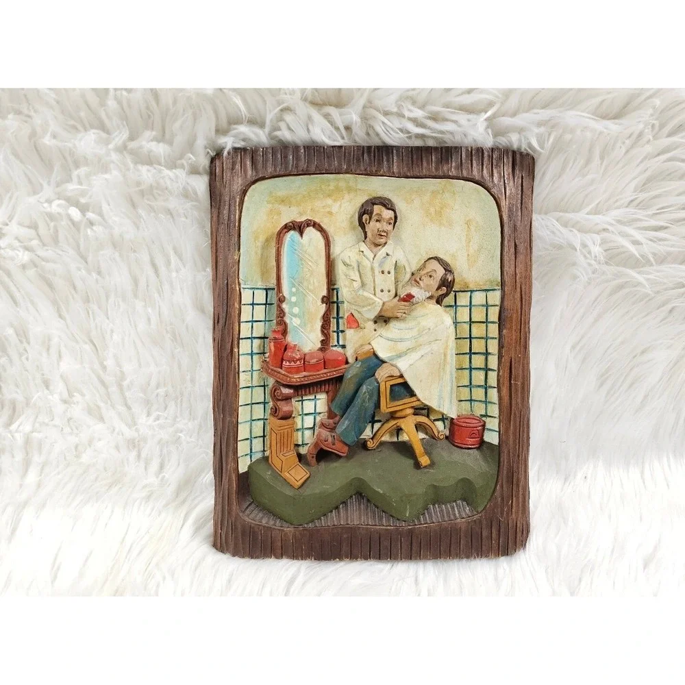 VINTAGE Rare Beautiful Barber Shave Cutter Hand Carved Wooden Wall Decor Sign